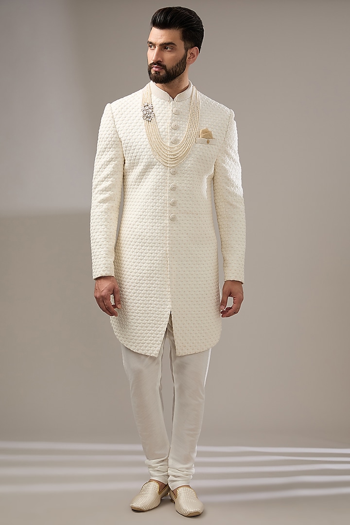 Ivory Silk Poth Embroidered Sherwani Set by RE CHANNEL