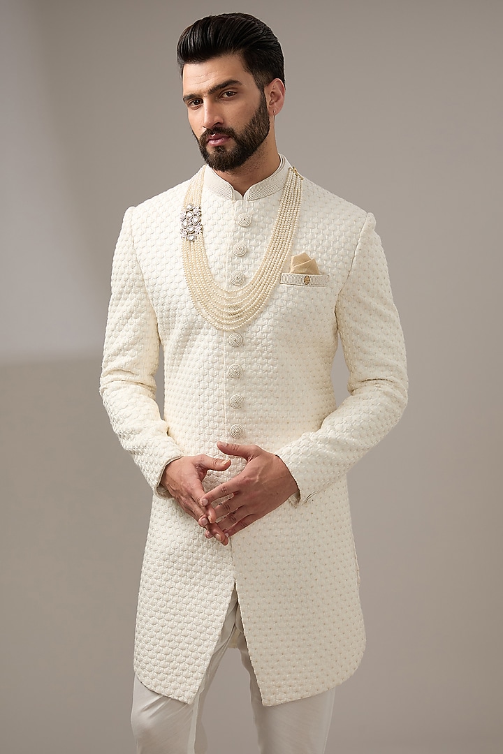 Ivory Silk Poth Embroidered Wedding Sherwani Set by RE CHANNEL at Pernia's Pop Up Shop