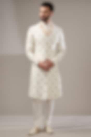 Ivory Silk Floral Thread Work Wedding Sherwani Set by RE CHANNEL at Pernia's Pop Up Shop