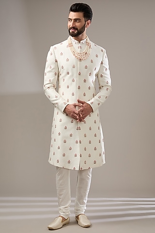 Ivory Silk Floral Thread Work Sherwani Set by RE CHANNEL