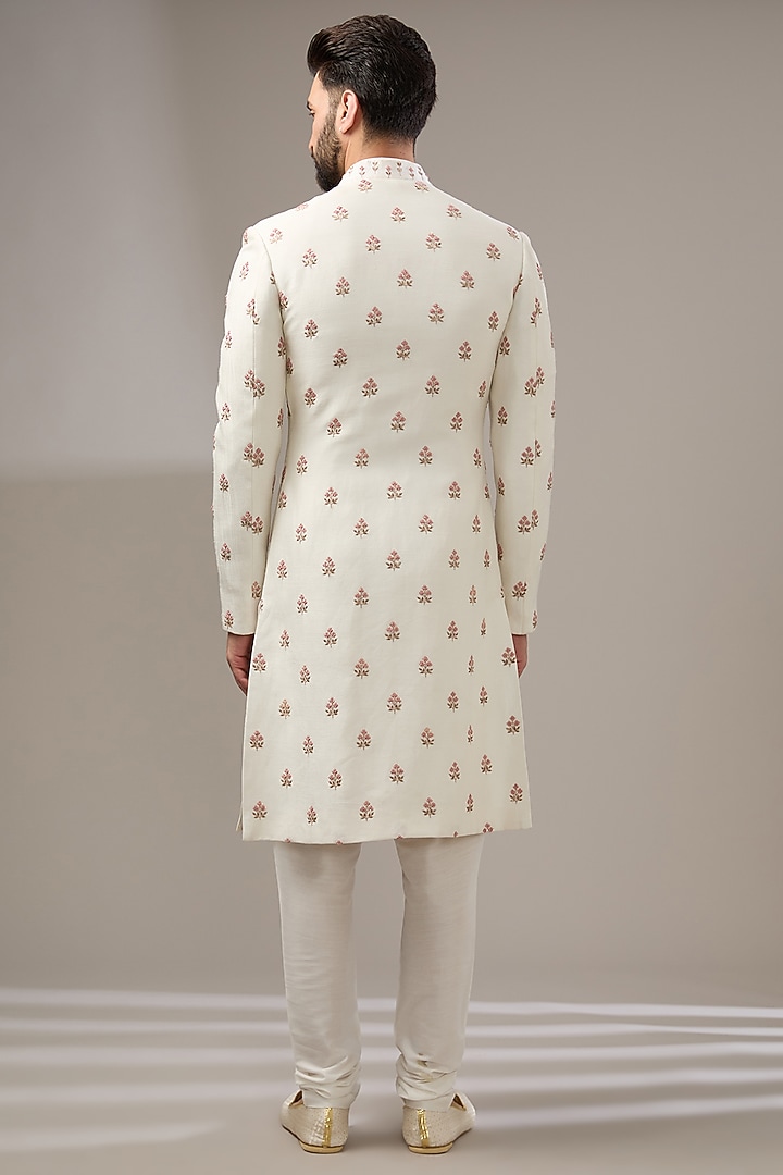 Ivory Silk Floral Thread Work Wedding Sherwani Set by RE CHANNEL at Pernia's Pop Up Shop