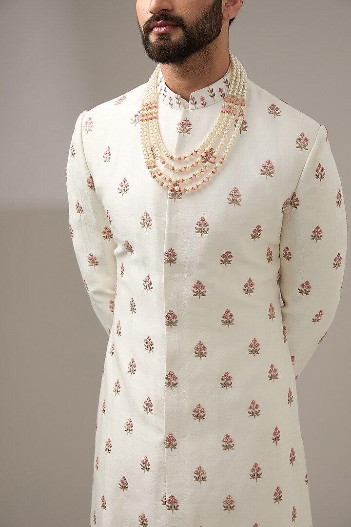 Ivory Silk Floral Thread Work Wedding Sherwani Set by RE CHANNEL at Pernia's Pop Up Shop