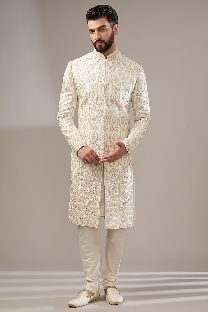 Ivory Silk Zari Embellished Sherwani Set by RE CHANNEL