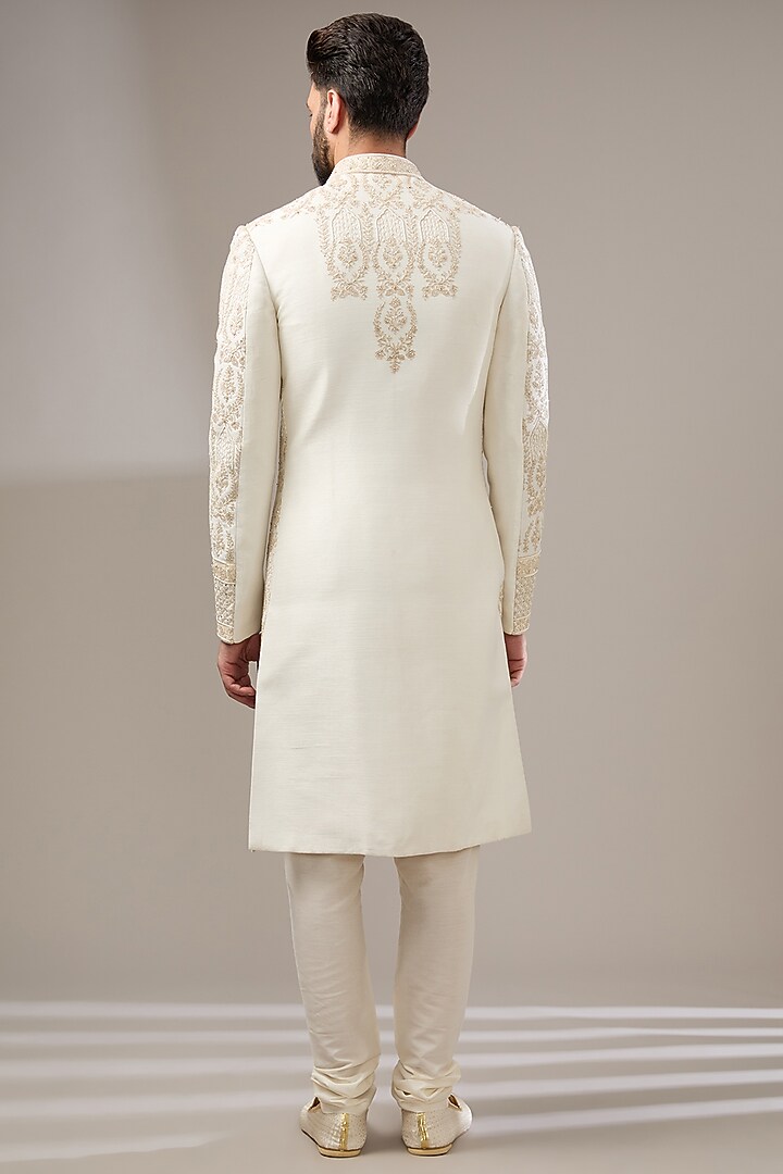 Ivory Silk Zari Embellished Wedding Sherwani Set by RE CHANNEL at Pernia's Pop Up Shop