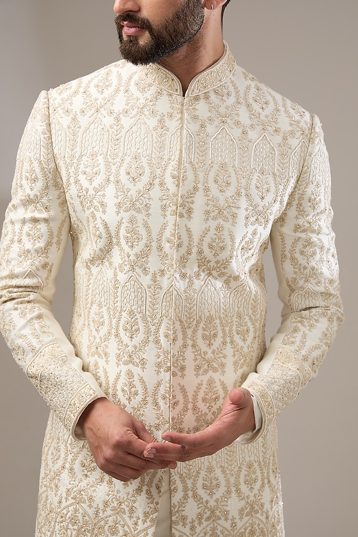 Ivory Silk Zari Embellished Wedding Sherwani Set by RE CHANNEL at Pernia's Pop Up Shop
