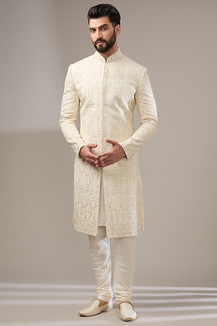 Ivory Silk Zari Embellished Sherwani Set by RE CHANNEL