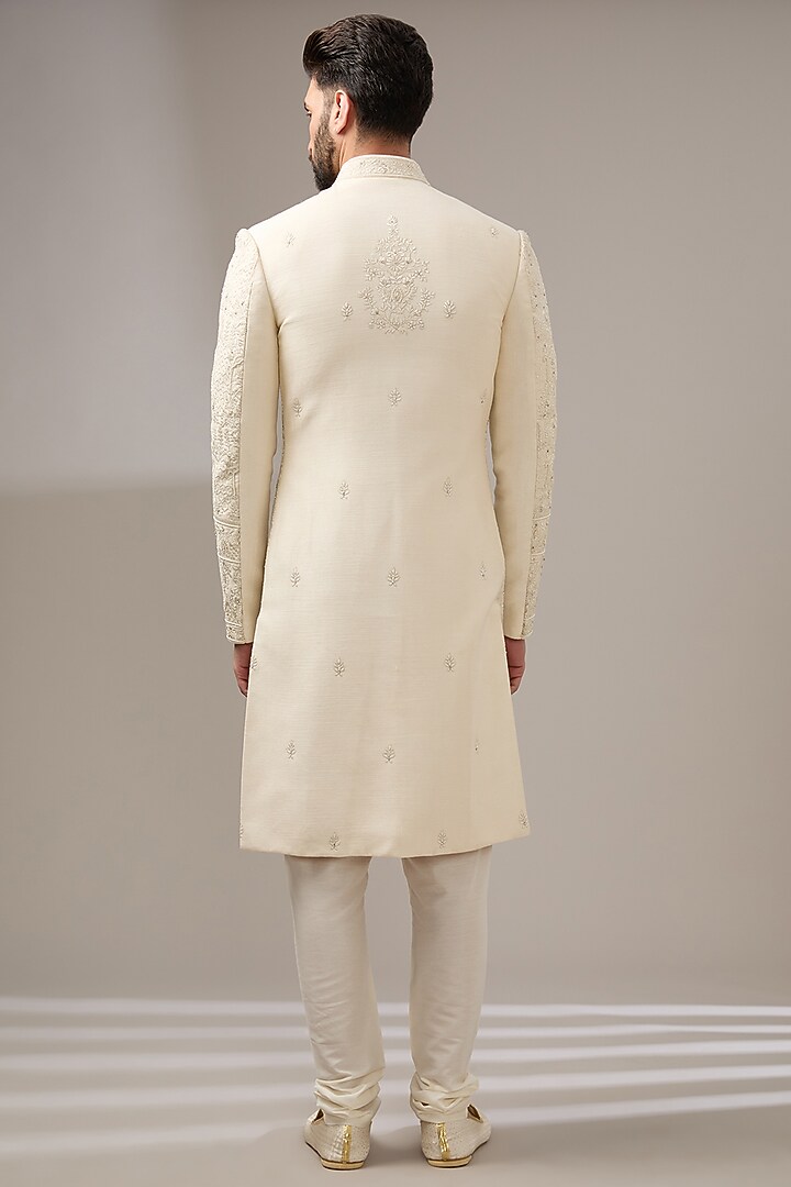 Ivory Silk Zari Embellished Wedding Sherwani Set by RE CHANNEL at Pernia's Pop Up Shop