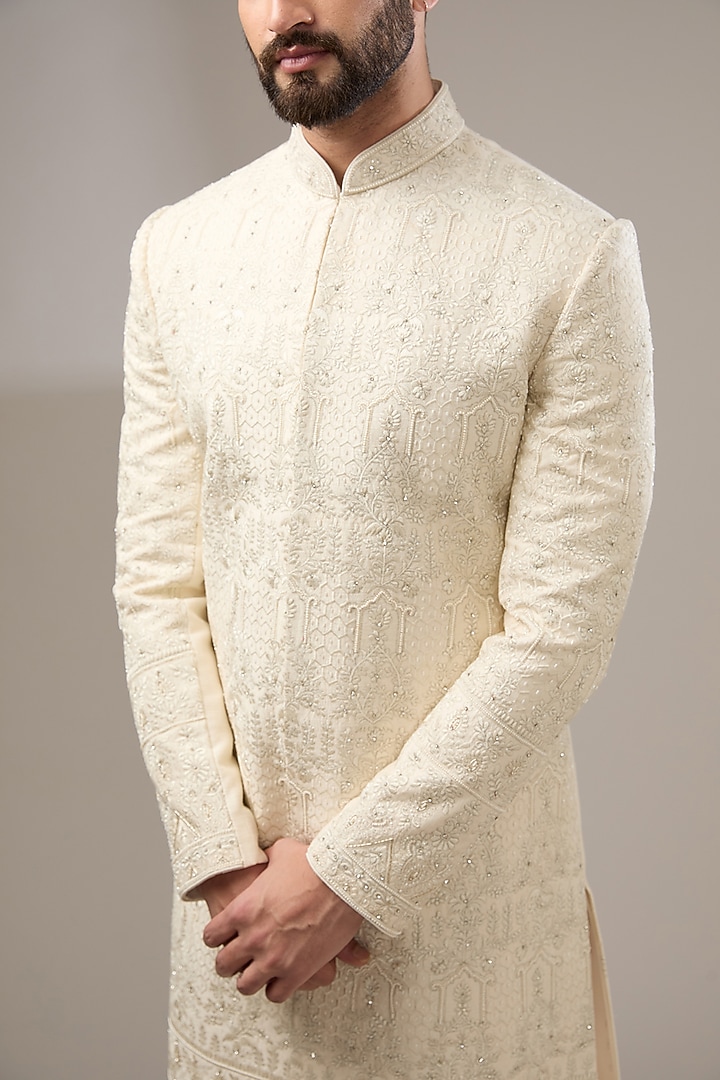 Ivory Silk Zari Embellished Wedding Sherwani Set by RE CHANNEL at Pernia's Pop Up Shop