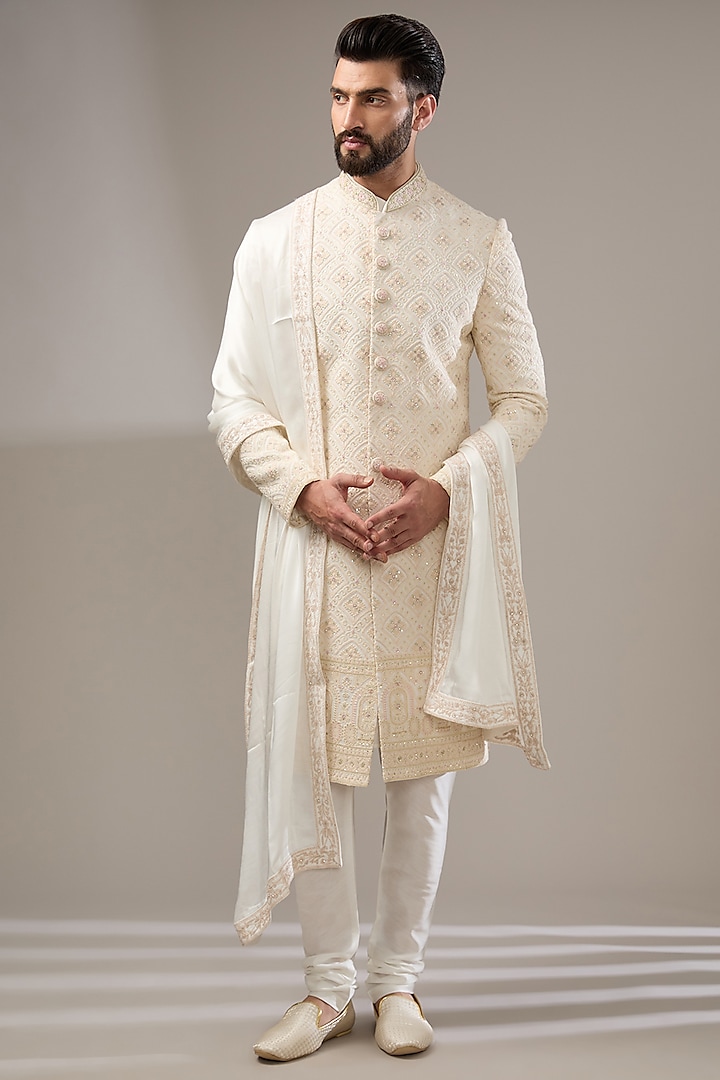 Ivory Georgette Poth Work Lucknowi Sherwani Set by RE CHANNEL