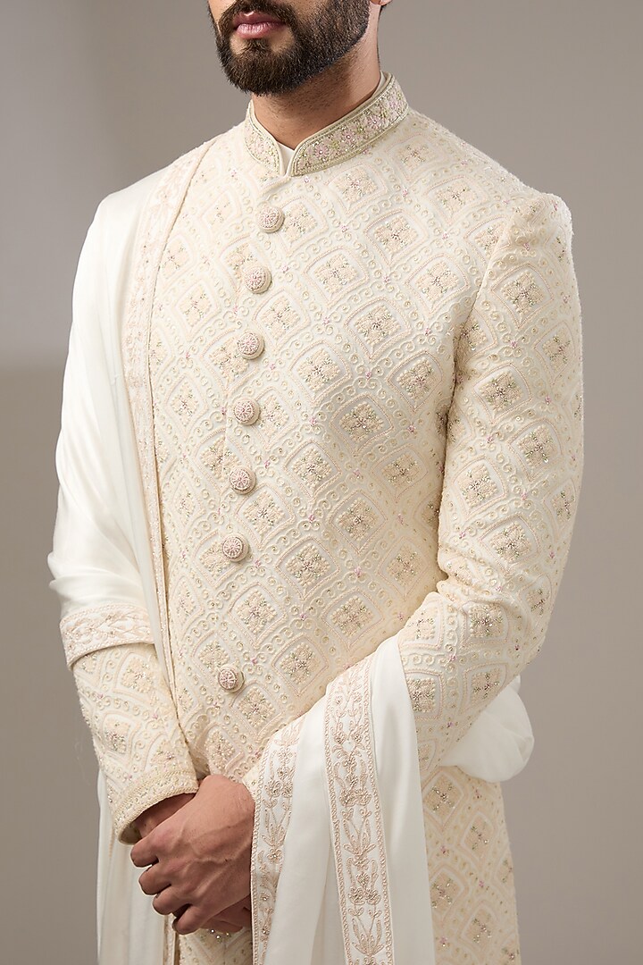 Ivory Georgette Poth Work Lucknowi Wedding Sherwani Set by RE CHANNEL at Pernia's Pop Up Shop