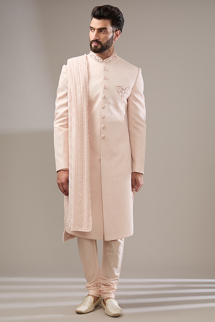 Peach Embossed Fabric Cutdana Work Sherwani Set by RE CHANNEL