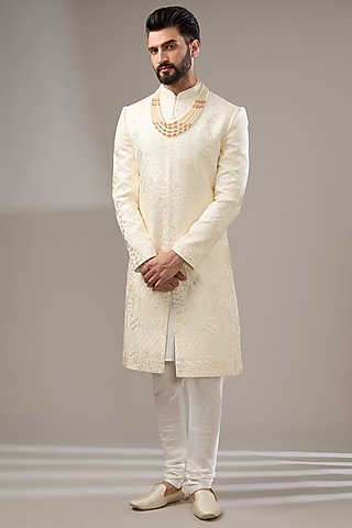 Off-White Silk Abstract Printed Sherwani Set by RE CHANNEL
