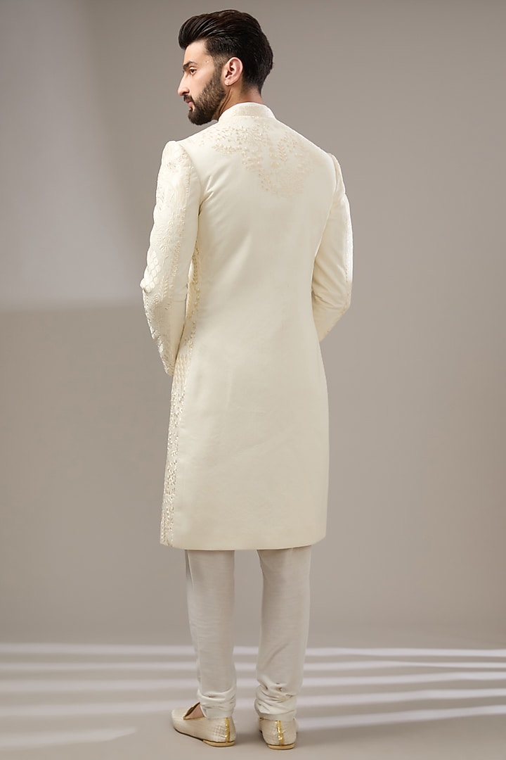 Off-White Silk Abstract Printed Wedding Sherwani Set by RE CHANNEL at Pernia's Pop Up Shop