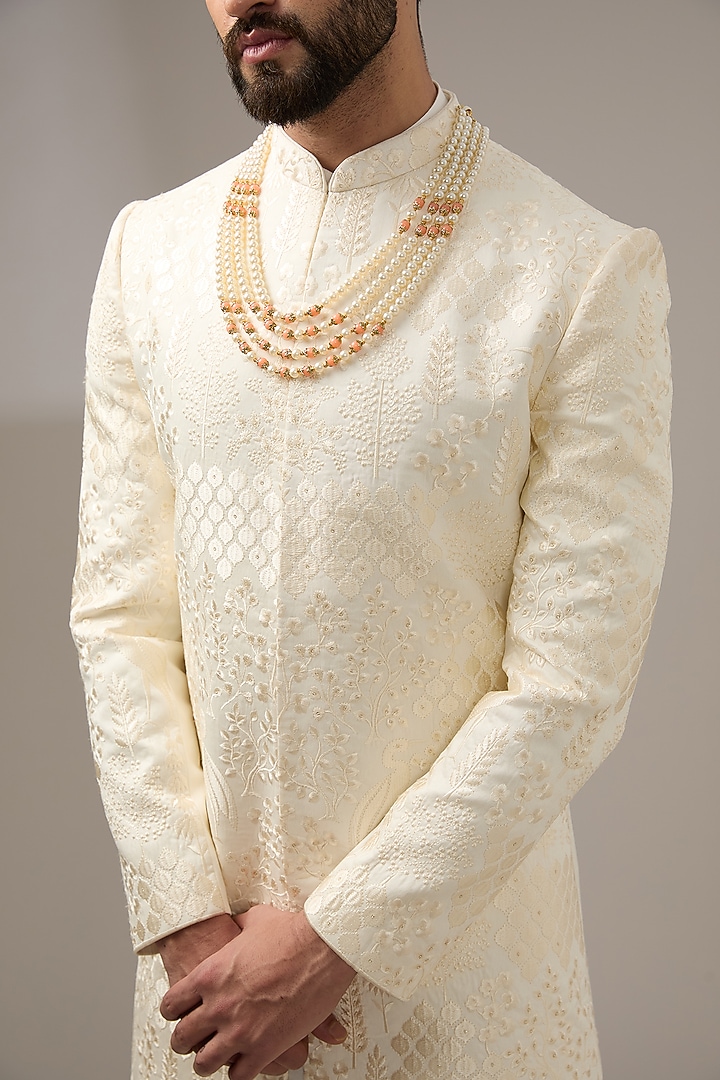 Off-White Silk Abstract Printed Wedding Sherwani Set by RE CHANNEL at Pernia's Pop Up Shop