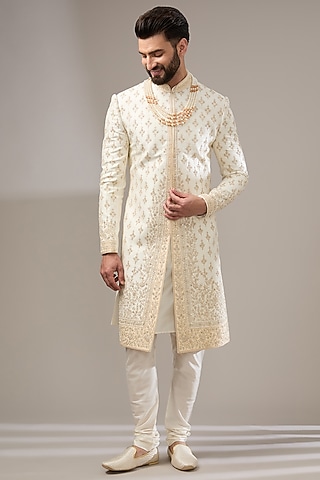 Cream Silk Thread Work Sherwani Set by RE CHANNEL