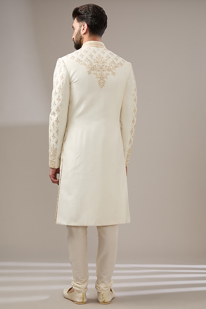 Cream Silk Thread Work Wedding Sherwani Set by RE CHANNEL at Pernia's Pop Up Shop
