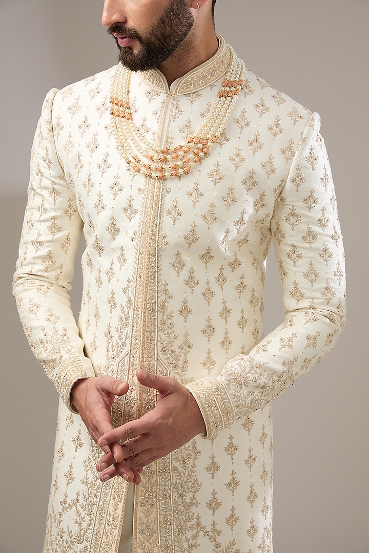 Cream Silk Thread Work Wedding Sherwani Set by RE CHANNEL at Pernia's Pop Up Shop