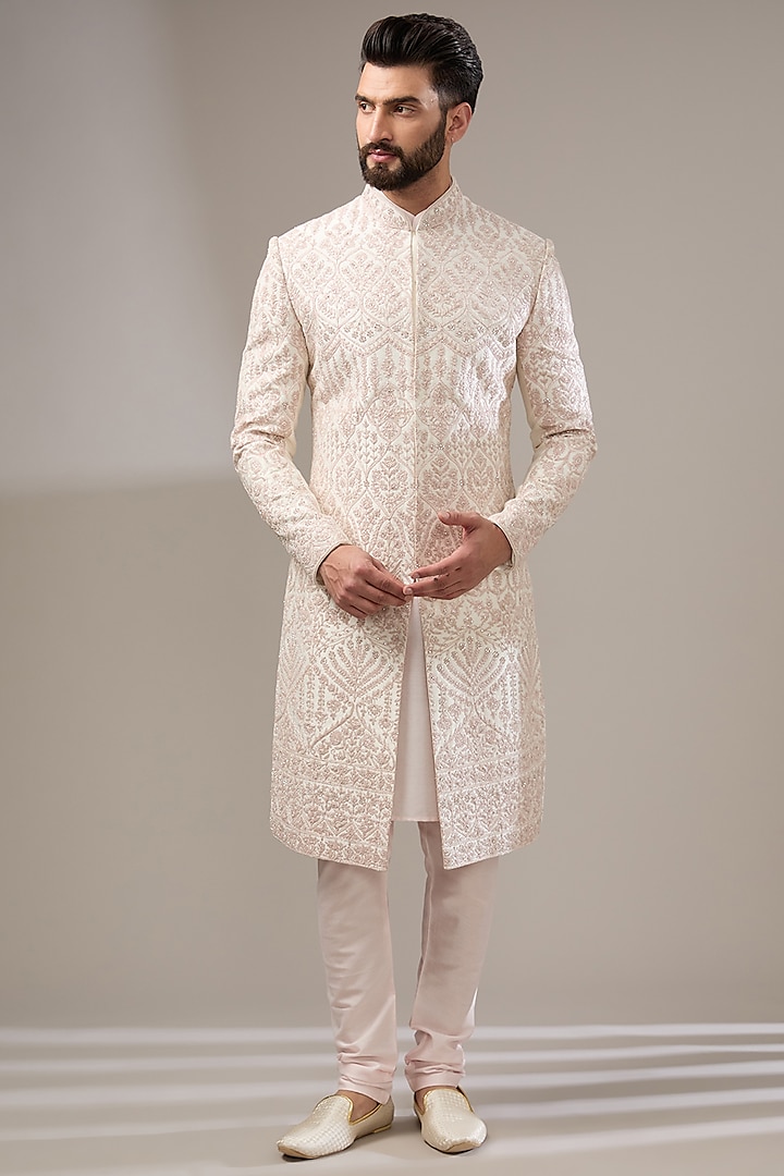 Pink Silk Poth Embroidered Sherwani Set by RE CHANNEL