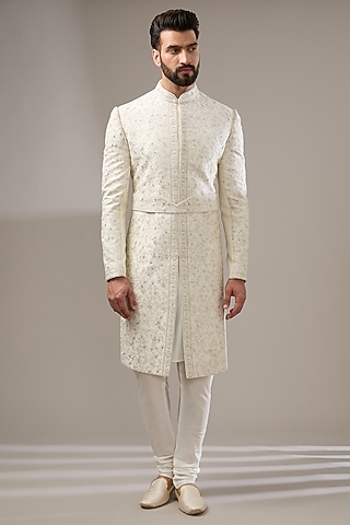 Ivory Silk Floral Dori Work Sherwani Set by RE CHANNEL