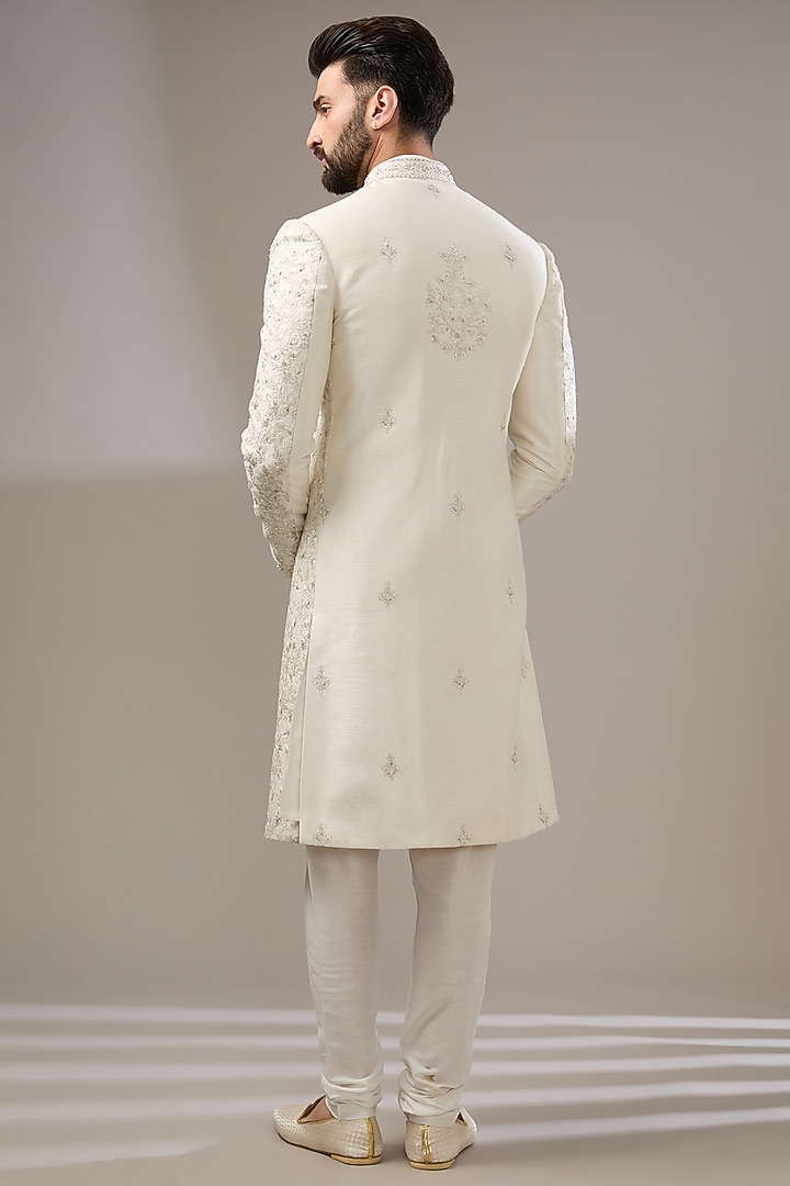 Ivory Silk Floral Dori Work Wedding Sherwani Set by RE CHANNEL at Pernia's Pop Up Shop