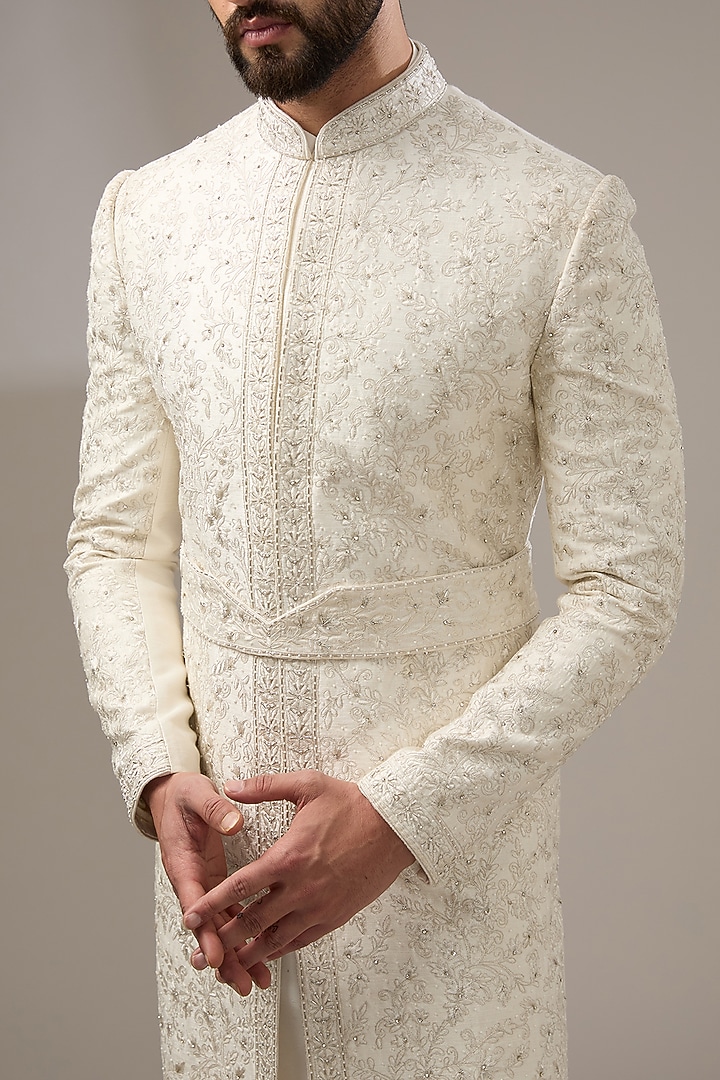 Ivory Silk Floral Dori Work Wedding Sherwani Set by RE CHANNEL at Pernia's Pop Up Shop