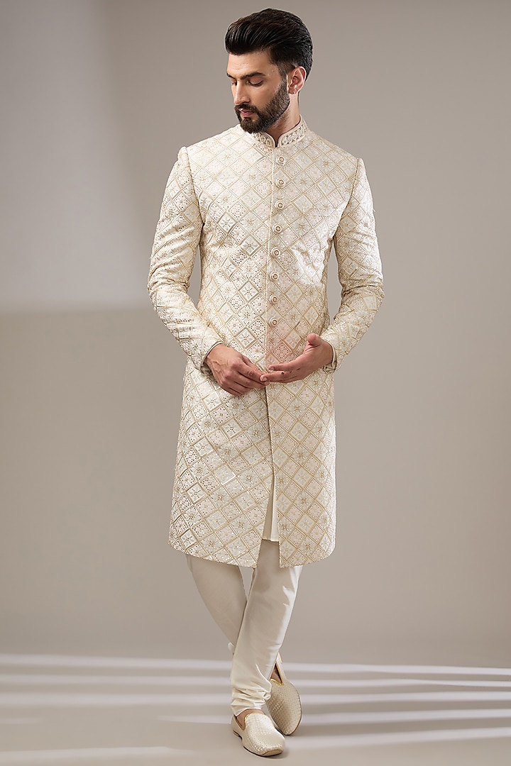 Cream Silk Thread Work Sherwani Set by RE CHANNEL