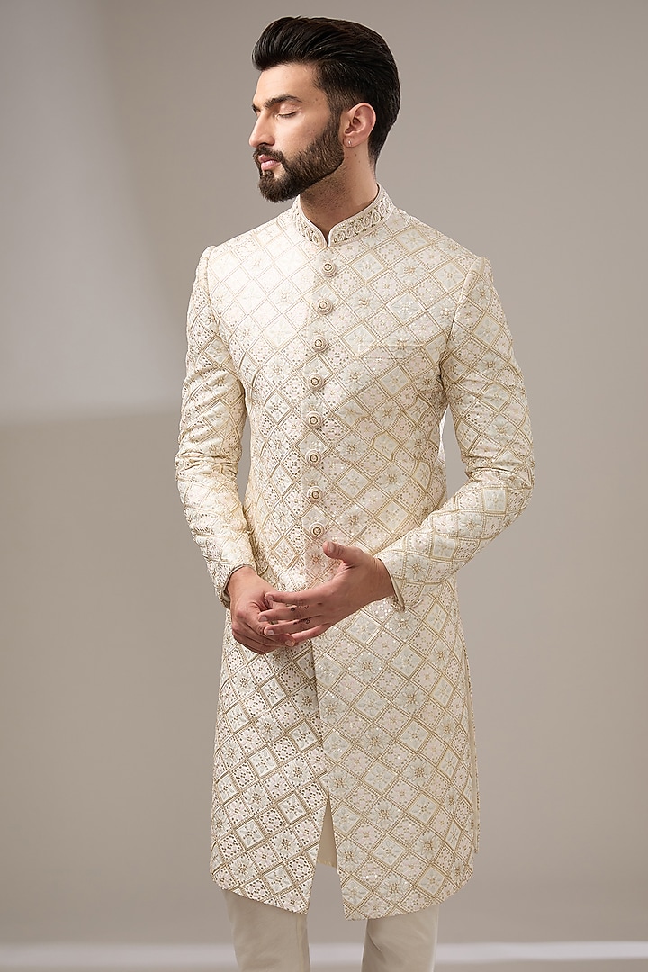 Cream Silk Thread Work Wedding Sherwani Set by RE CHANNEL at Pernia's Pop Up Shop