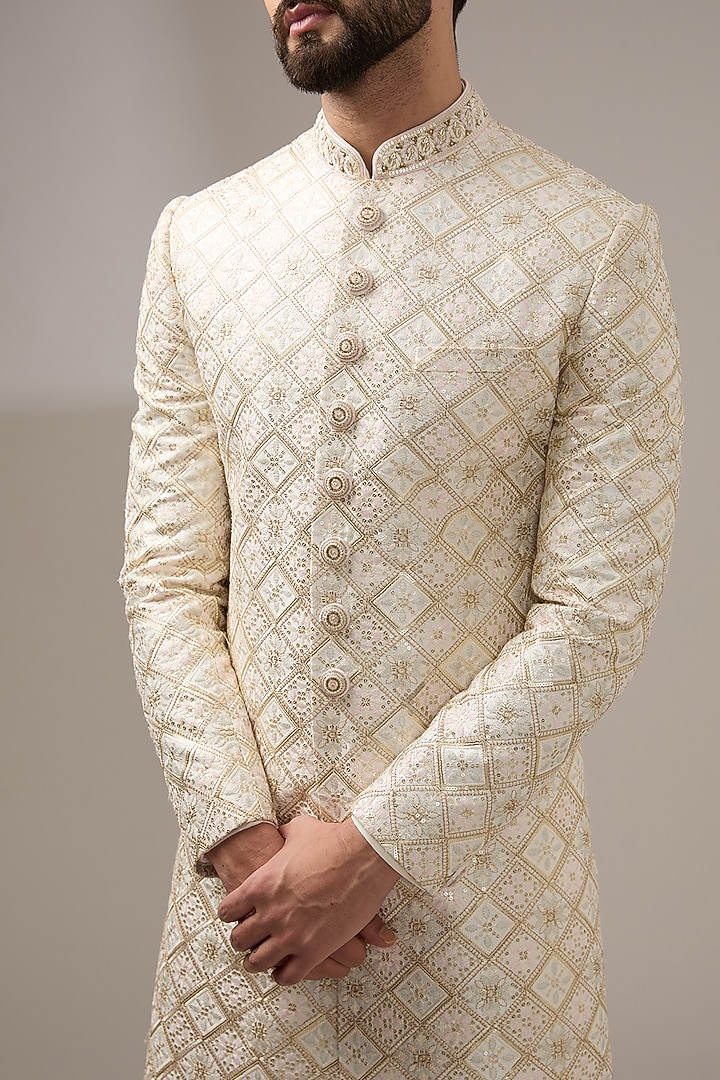 Cream Silk Thread Work Wedding Sherwani Set by RE CHANNEL at Pernia's Pop Up Shop