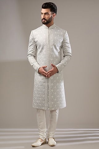 Grey Silk Zari Resham Work Sherwani Set by RE CHANNEL