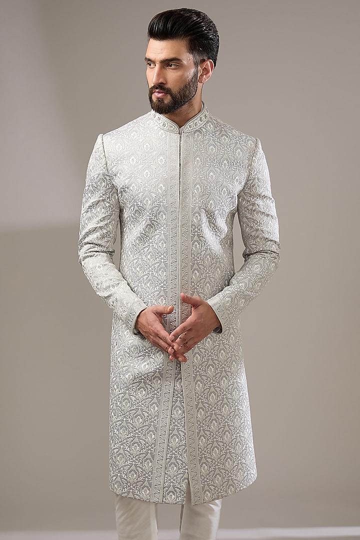 Grey Silk Zari Resham Work Wedding Sherwani Set by RE CHANNEL at Pernia's Pop Up Shop