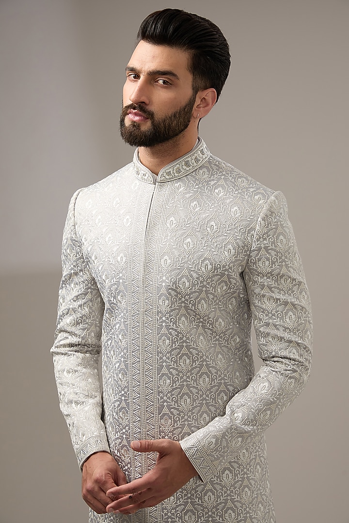 Grey Silk Zari Resham Work Wedding Sherwani Set by RE CHANNEL at Pernia's Pop Up Shop