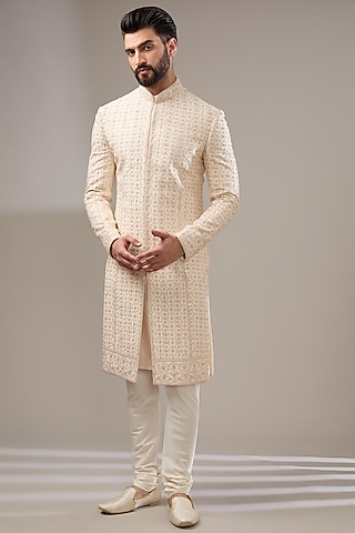 Beige Silk Stone Work Sherwani Set by RE CHANNEL
