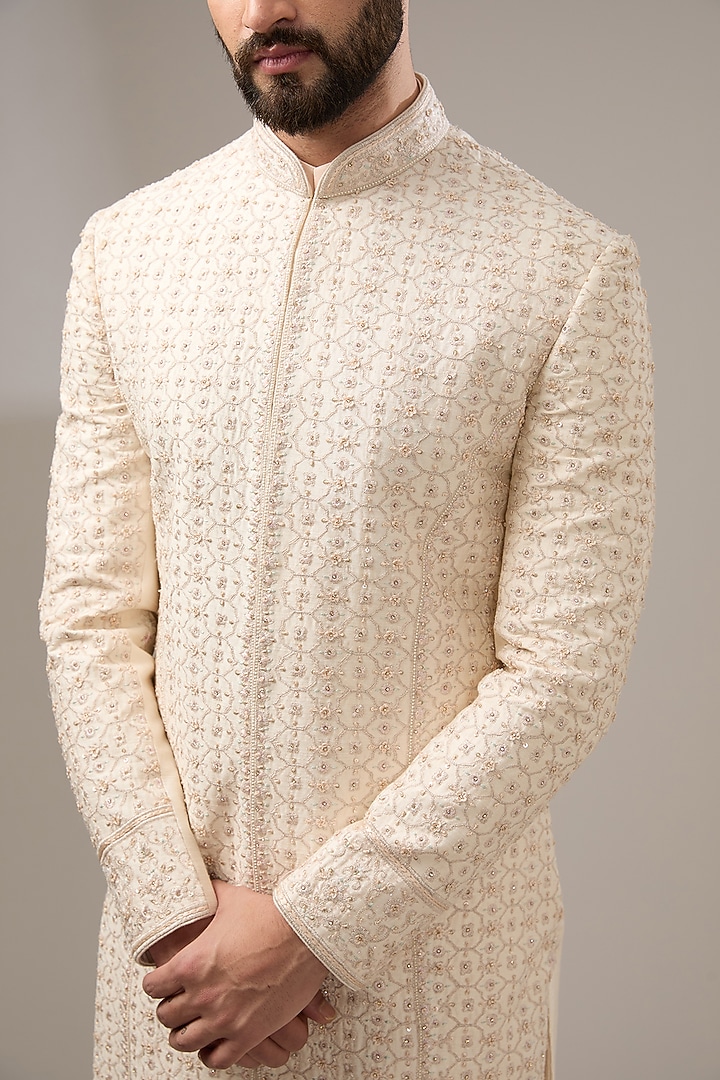 Beige Silk Stone Work Wedding Sherwani Set by RE CHANNEL at Pernia's Pop Up Shop