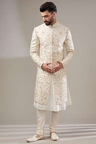 Ivory Silk Floral Embroidered Sherwani Set by RE CHANNEL