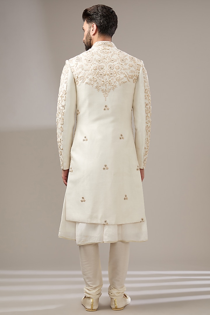 Ivory Silk Floral Embroidered Wedding Sherwani Set by RE CHANNEL at Pernia's Pop Up Shop