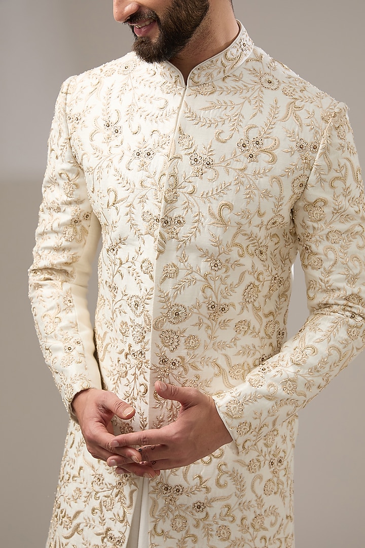 Ivory Silk Floral Embroidered Wedding Sherwani Set by RE CHANNEL at Pernia's Pop Up Shop