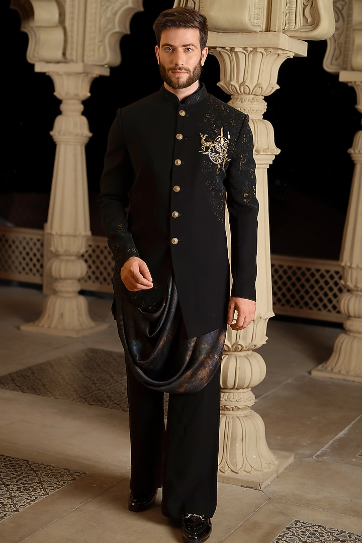 Black Imported Fabric Embroidered Wedding Indowestern Set by RE CHANNEL at Pernia's Pop Up Shop