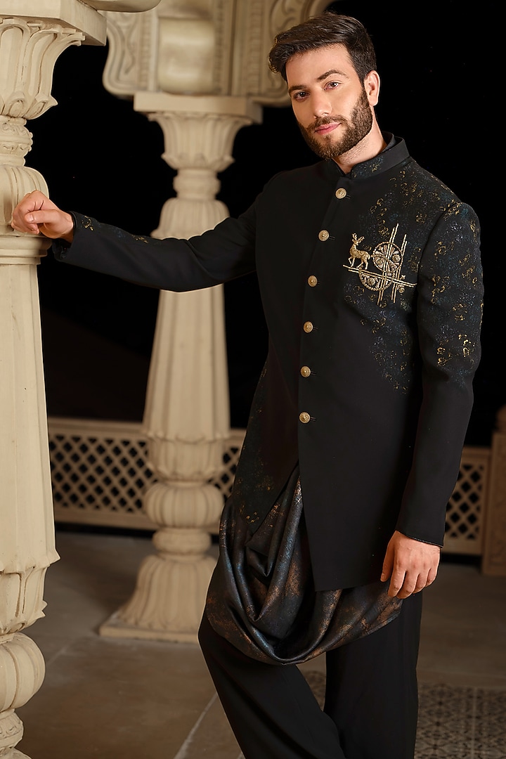 Black Imported Fabric Embroidered Wedding Indowestern Set by RE CHANNEL at Pernia's Pop Up Shop