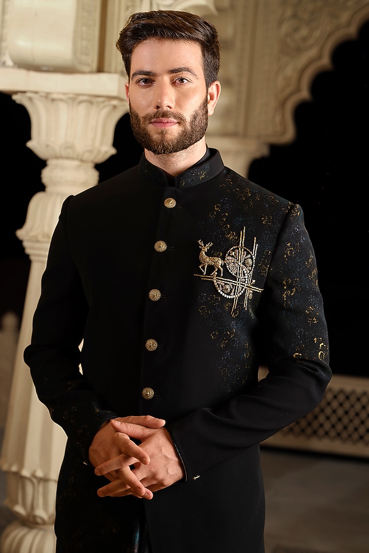 Black Imported Fabric Embroidered Wedding Indowestern Set by RE CHANNEL at Pernia's Pop Up Shop