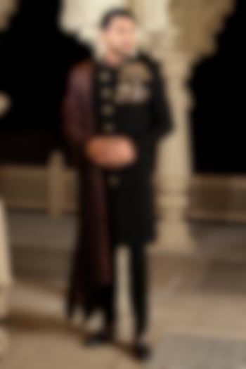 Black Imported Fabric Embroidered Wedding Indowestern Set by RE CHANNEL at Pernia's Pop Up Shop