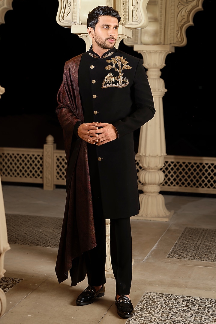 Black Imported Fabric Embroidered Wedding Indowestern Set by RE CHANNEL at Pernia's Pop Up Shop