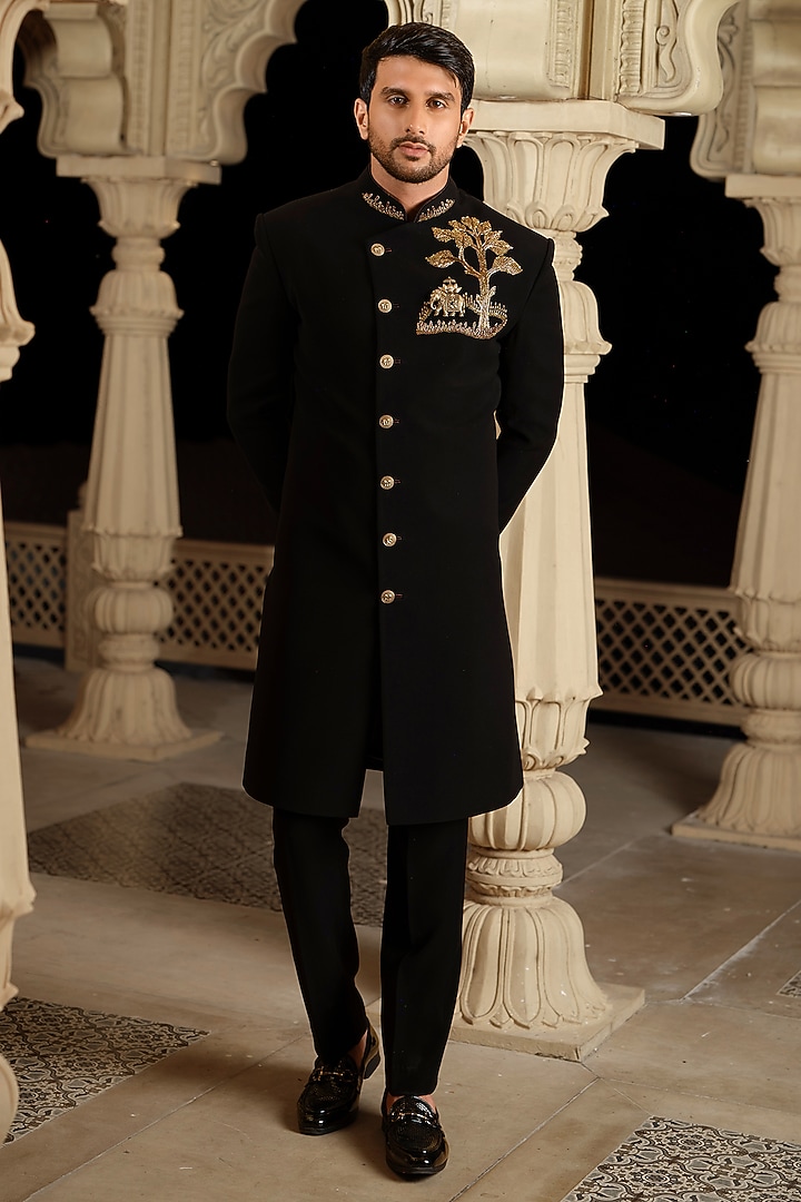 Black Imported Fabric Embroidered Wedding Indowestern Set by RE CHANNEL at Pernia's Pop Up Shop