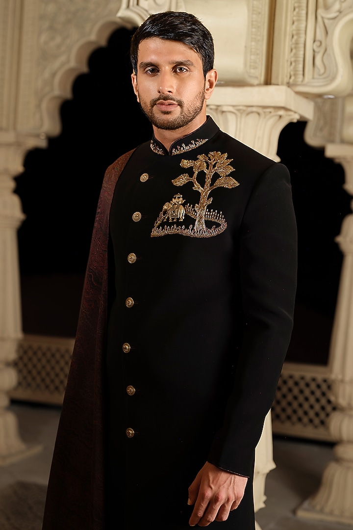 Black Imported Fabric Embroidered Wedding Indowestern Set by RE CHANNEL at Pernia's Pop Up Shop