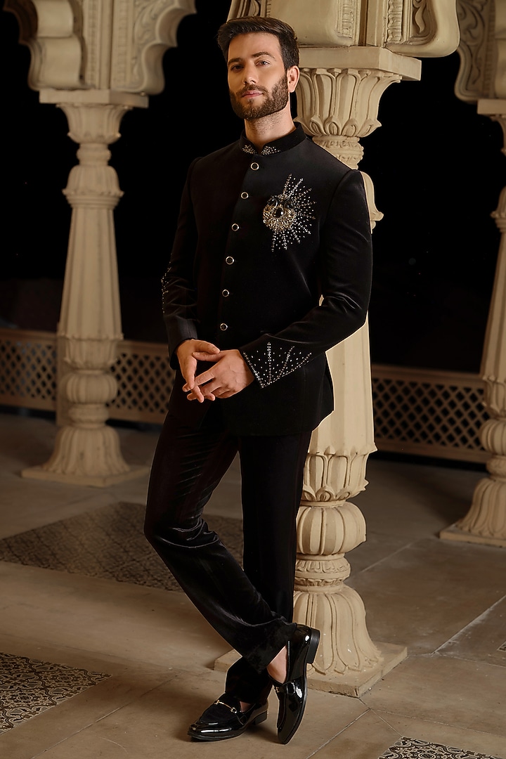 Black Velvet Embroidered Jodhpuri Set by RE CHANNEL at Pernia's Pop Up Shop