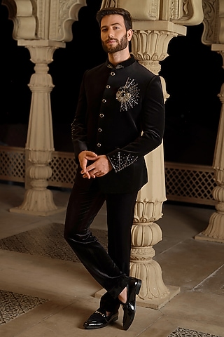 Black Velvet Embroidered Jodhpuri Set by RE CHANNEL