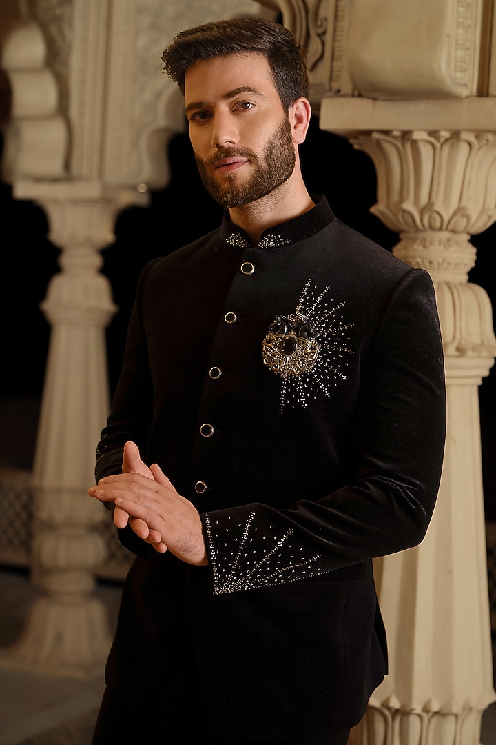Black Velvet Embroidered Jodhpuri Set by RE CHANNEL at Pernia's Pop Up Shop