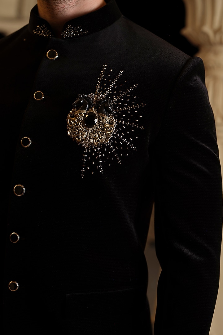 Black Velvet Embroidered Jodhpuri Set by RE CHANNEL at Pernia's Pop Up Shop