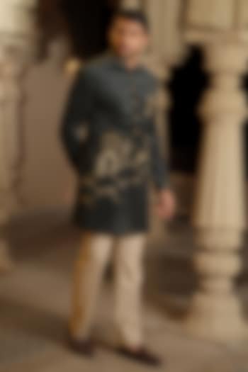 Green Textured Suede Wedding Indowestern Set by RE CHANNEL at Pernia's Pop Up Shop