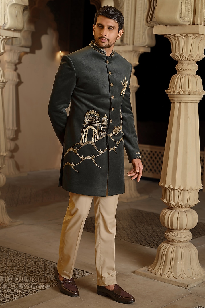 Green Textured Suede Wedding Indowestern Set by RE CHANNEL at Pernia's Pop Up Shop