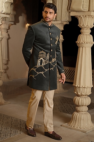 Green Textured Suede Indowestern Set by RE CHANNEL